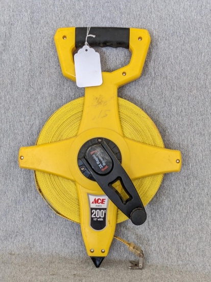 ACE 200' measuring tape spool w/ rapid rewind is 1/2" wide appears used, but otherwise good
