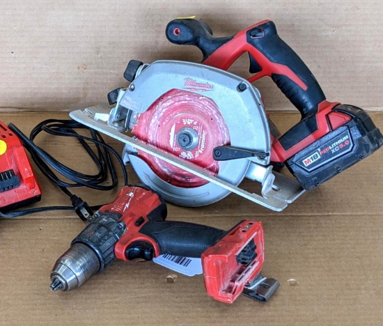 Milwaukee 18 volt 6 1/2" circular saw and a M18 12" hammer drill with high and low range. Both tools