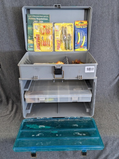 Plano tackle box w/ tons of tackle, Incl. Slurpies soft bait, spoons, Eagle Claw hooks, and more. Is