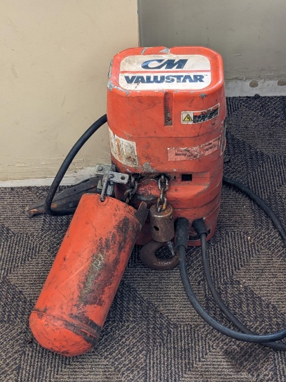 CM Valustar 1/2 ton hoist model W F. Hoist appears in working condition and runs 1/4" chain