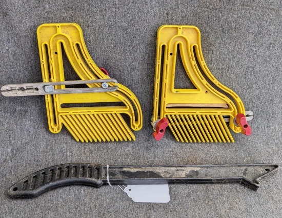 Two Milescraft FeatherBoard table saw anti-kickback guide, and push stick