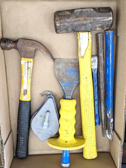 Dasco and other chisels, punches, maul w/ 15" fiberglass handle, and more.