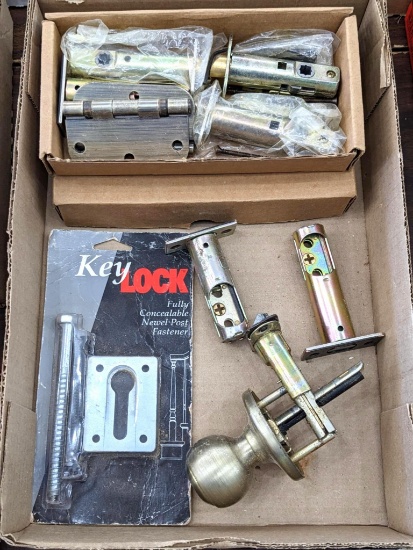 Door hardware, incl. hinges, latches, knobs, and more.