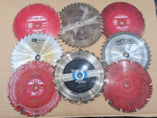 Eight Diablo and other 10" saw blades, most w/ 5/8" arbor.