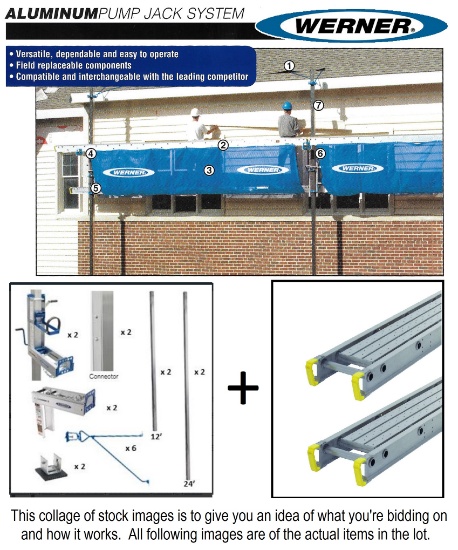 36' Werner aluminum pump jack scaffold set plus 24' aluminum planks, ready to work!