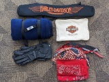 Harley-Davidson 6-pack cooler, black leather or similar gloves, Harley-Davidson retail kit bag, blue