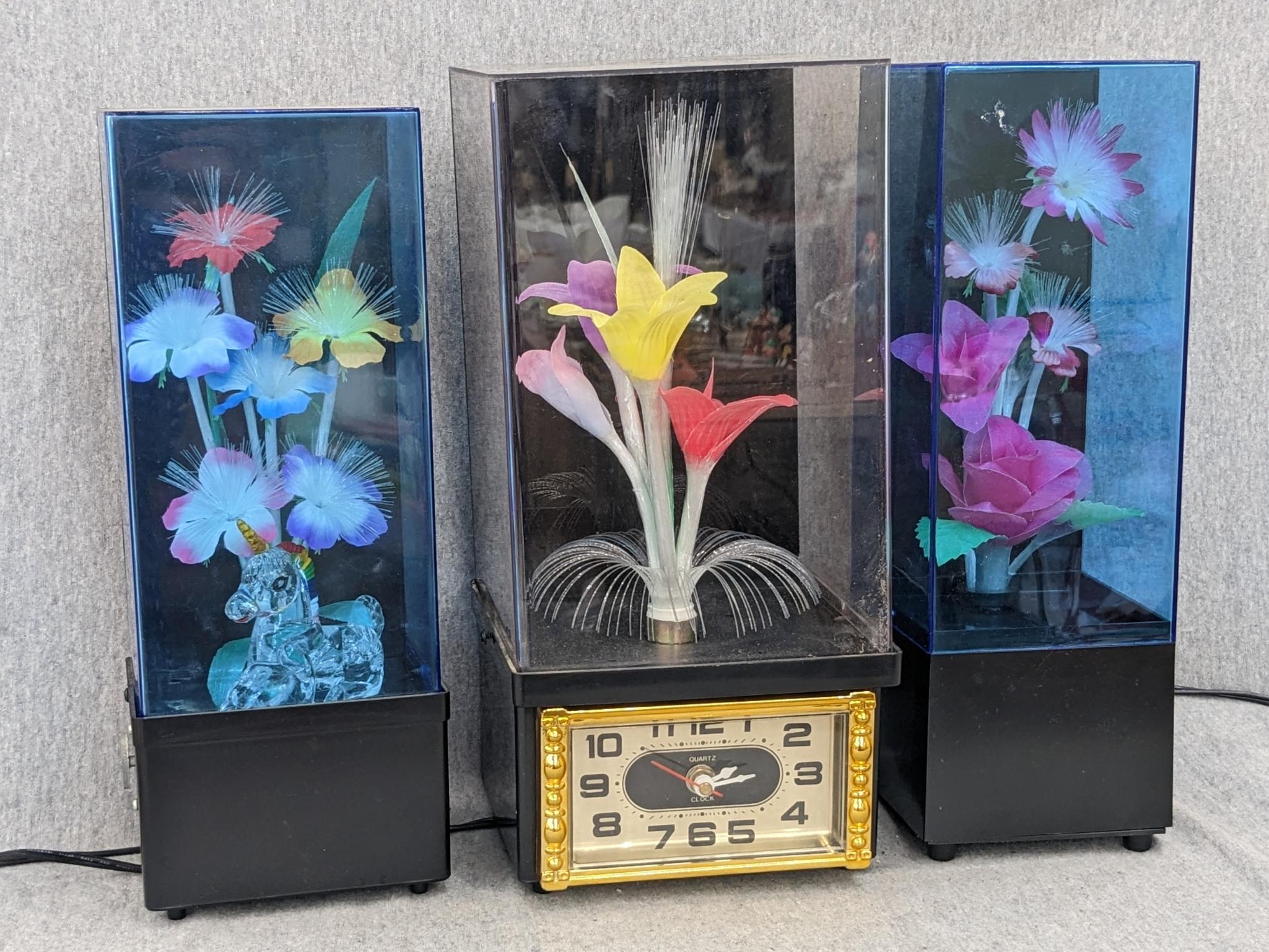 Three fiber optic light displays, one with clock. Proxibid