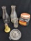 Two 1qt glass bottles, one 1/2pt glass bottle, a reamer, toothpick holder and dispenser, Kielbasa