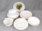 Fire King Ivory swirl saucers and 2 dessert dishes and 2 cups, some have gold rim; dessert dishes