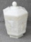 Fire King milk glass pedestal jar with lid, Colony Harvest Grape pattern; measures 6
