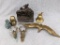 Brass wall hooks in the shape of deer heads, bell, flying bird, ducks and book end; book end