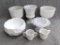 Anchor Hocking milk glass pedestal candy dish with lace edge, tiny sugar and creamer, planters,