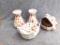 Retro brown and orange salt and pepper shaker, sponge holder, 4 small tea bag holders. Crack noted