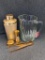 Mirro gold toned martini shaker set with ice tongs and more; plus a heavy ribbed beer pitcher.