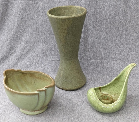 Red Wing USA candlestick, Frankoma planter, and an attractive 9-1/2" tall vase. All a pretty green.