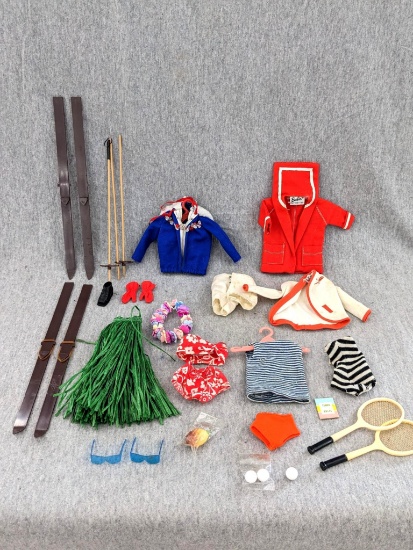 Barbie clothes incl #1908 Ski Queen ski coat with gloves, skis and poles; #1605 Hawaii Outfit with