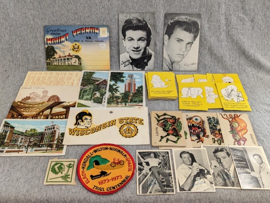Four Richard Chamberlin cards, elephant joke cards, Monster stickers, Centennial Trail patch, Indian
