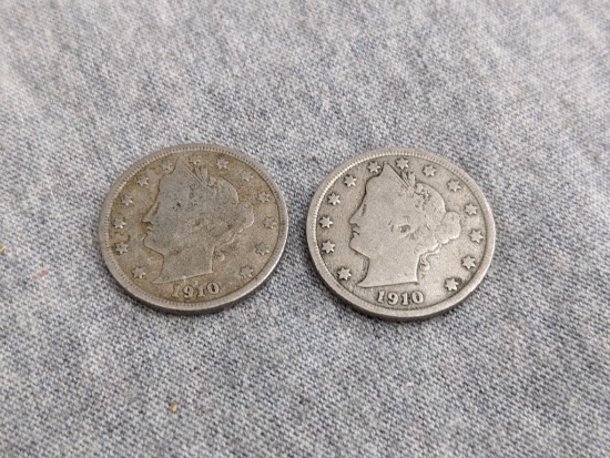 Two 1910 Liberty Head V nickels from the Philadelphia mint.