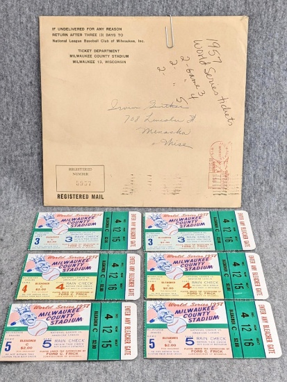1957 World Series Milwaukee Braves vs New York Yankees ticket stubs for the same side-by-side seats