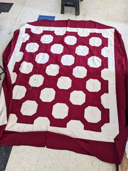 Maroon and cream colored, hand stitched quilt top. Measures approx 80" x 80" Seller notes that the