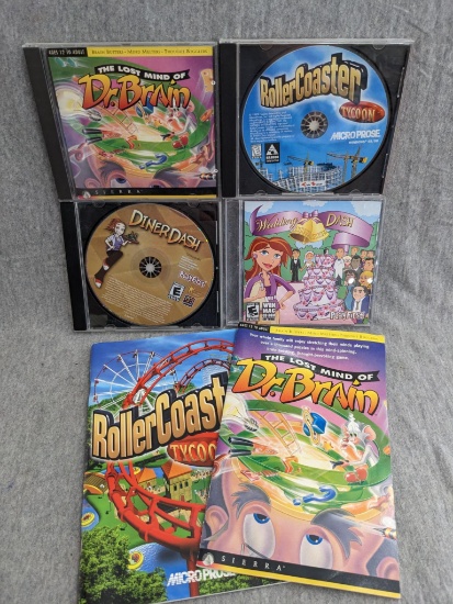 Collection of PC Games incl Diner Dash, Wedding Dash, The Lost Mind of Dr. Brain, and Rollercoaster