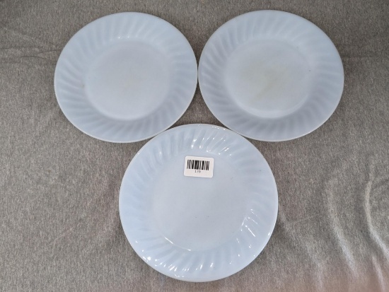 Fire King Azurite Blue swirl plate; measures 9", Plates have several slight chips on edge bottoms.