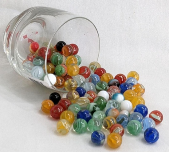 Glass striped marbles most measure 5/8"; container measures 3-1/2" x 4".