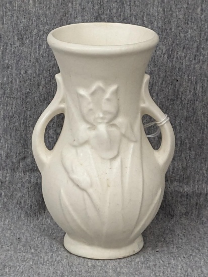 Shawnee USA pottery small white vase with raised iris design; measures 5-1/2" tall.