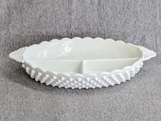 Fenton white milk glass hobnail dish with 3 dividers; measures 12" x 6-1/2".
