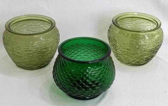 Three green glass planters; each measures approx. 5-1/2" x 4-1/2" tall.