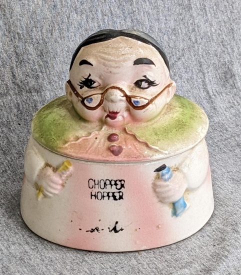 "Chopper Hopper" to hide your dentures in while you sleep; measures 4-1/2" x 4" x 5" tall with lid.