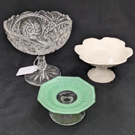 Three dishes or candy dishes on pedestals; tallest measures 7" x 7".