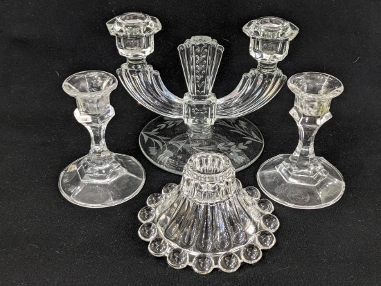 Vintage Tiffin double light candlestick, 2 lead crystal candle sticks and other. Double candlestick