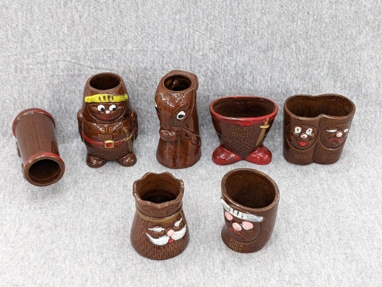 Variety of creative shot glasses incl Big Shot, Double Shot, Gun Shot, Good Shot, Long Shot, more.