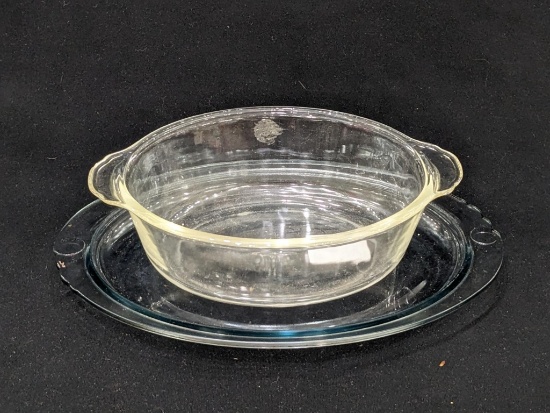 1-1/2 qt Anchor Hocking Fire King baking dish, and a blue tinted 13" x 8-1/2" Pyrex TMREG cover.
