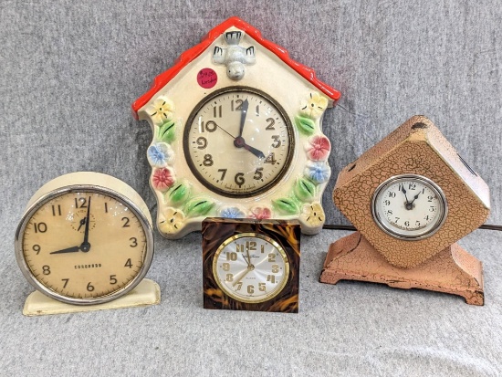 Antique Lux Clock Mfg Co wind up clock, Seth Thomas and Coronado alarm clocks, and an 8" birdhouse