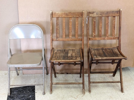 Two antique wooden slat folding chair and a metal folding chair. Wooden chairs about 18" to seat, a