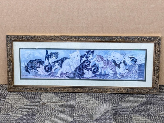 15" x 40" framed print of kittens. Frame is in good shape, print has faded a bit.