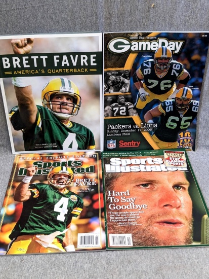 Three magazines incl. Sports illustrated, Game Day, and Brett Favre specials.