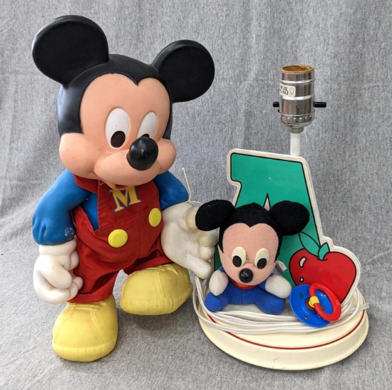 Vintage baby Mickey Mouse by Disney Arco is about 13" tall, and an 11" Mickey Mouse lamp. Pacifier