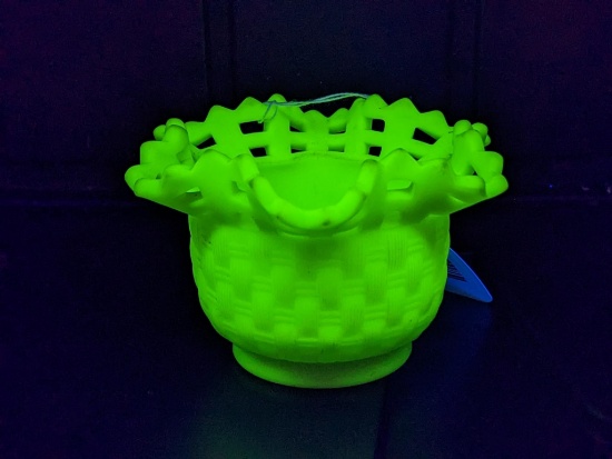 Fenton Lime Green or Satin Custard Basketweave Uranium glass bowl with lattice ruffle top. Bowl is