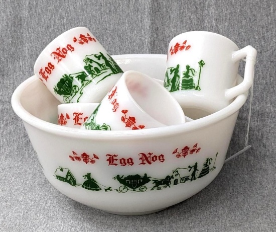 Hazel Atlas milk glass Egg Nog punch bowl and matching cups; bowl measures 9" x 4-1/2" tall.