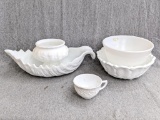 White glass pieces including footed vase, 14