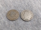 Two 1910 Liberty Head V nickels from the Philadelphia mint.
