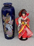 Cobalt blue Kuni styled vase with pheasant and chrysanthemums and trimmed in gold and Avon