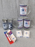 Mugs, playing cards, salt & pepper shaker and pens from the 1984 Olympics hosted in Los Angeles.