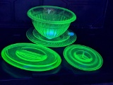 5 pieces of Green Depression glass, all are uranium glass and glow under black light. Bowl is 8