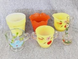 Bartlett Collins yellow cream and sugar bowl, cheery plant pots, hand painted vase and creamer.