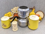 Awesome old double canister coffee pot; Retro yellow aluminum daisy pattern coffee and tea canisters
