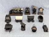 Miniature pencil sharpeners incl cookstove, covered wagons, clock, wishing well; 6